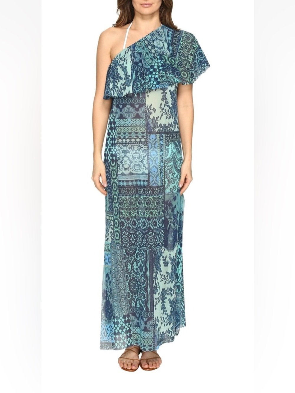 FUZZI Women's Lace Mosaic Print One Shoulder Maxi Dress Turquoise Sz XS